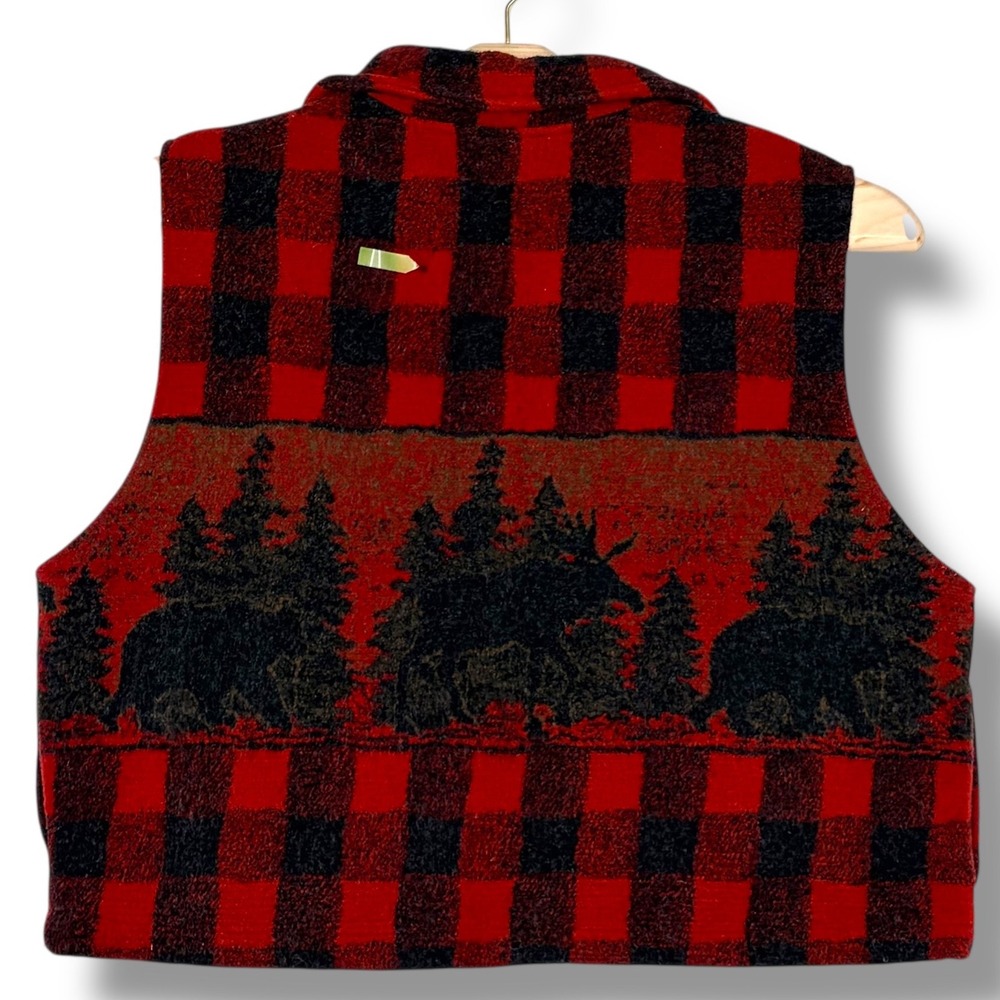Vtg Black Mountain Red Buffalo Plaid Moose Bear Forest Scene Vest 2X USA Made‎ - Picture 3 of 5